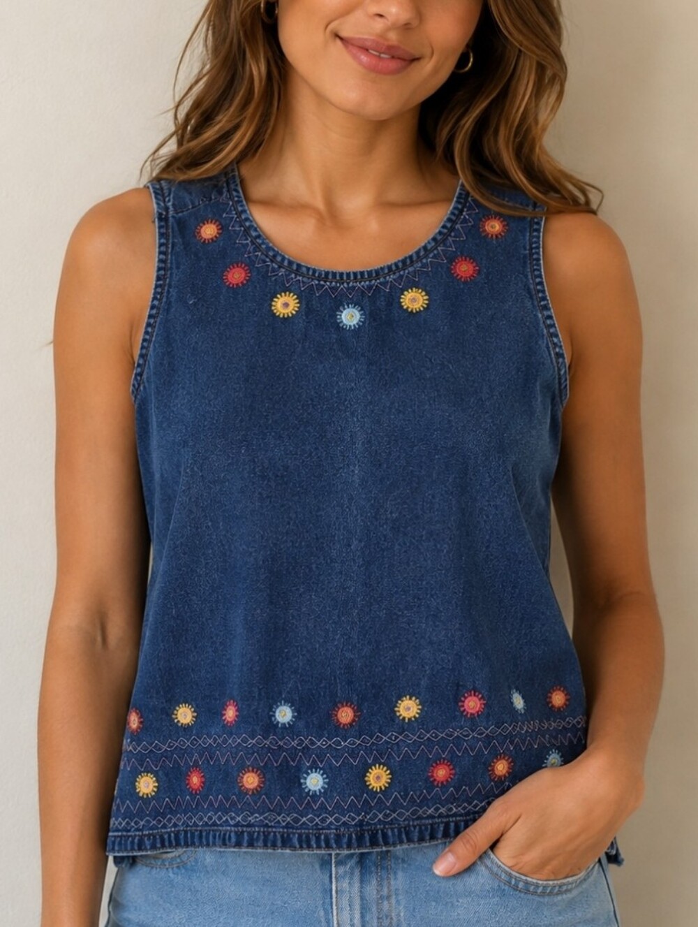Vtg BLEU BAYOU 1980s Floral Embroidered Chambray Denim Sleeveless Festival Top